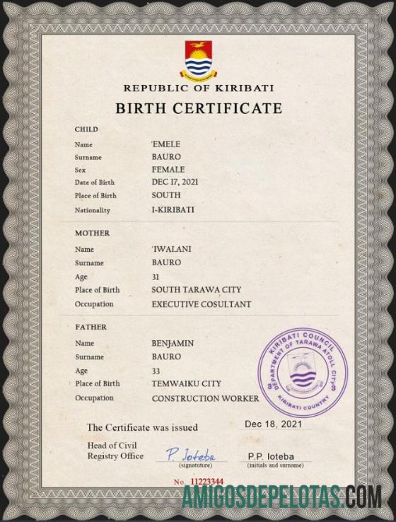 Em branco modelo PSD de certidão de nascimento de registro vital de Kiribati